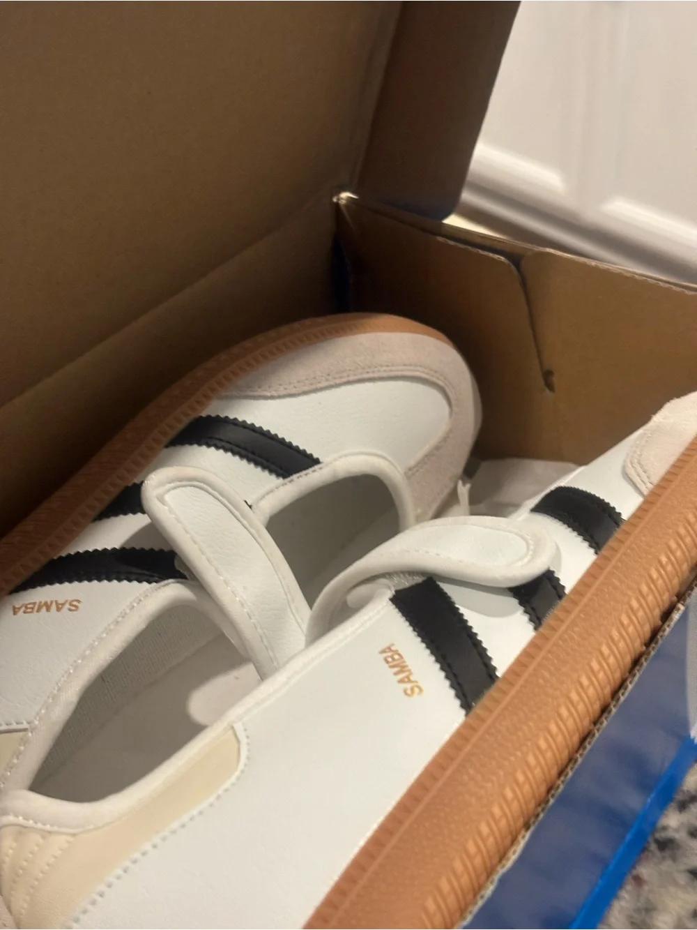 adidas Samba Velcro Sneakers in White, Black and Gum Brown